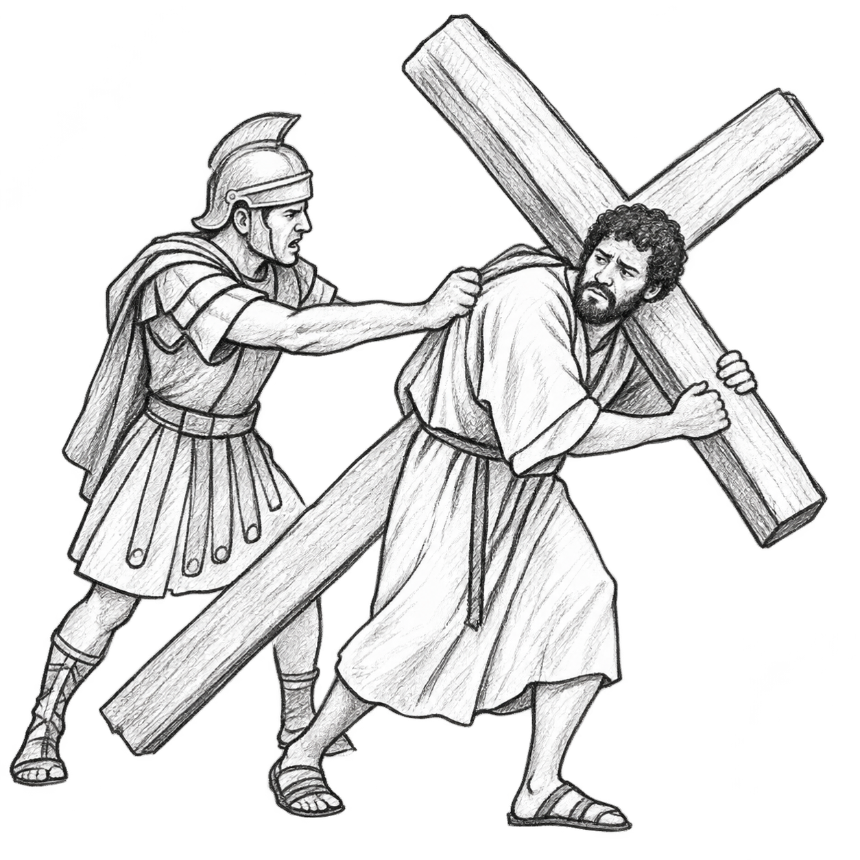 Pedict an image of man forced like to do something with his master, very simple in sketching style, of simon kirene, forced to carry cross without background